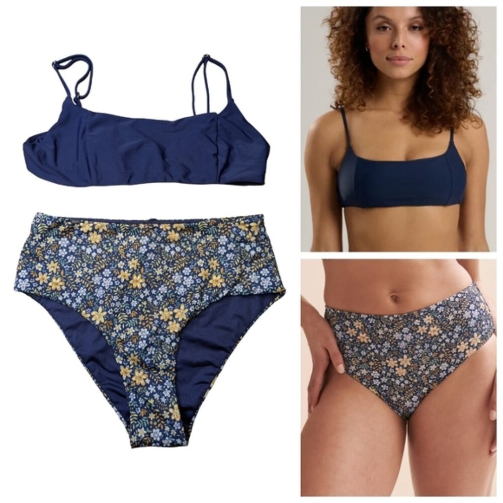 Quintsoul Scoop Neck Solid Blue Top & Floral Highrise Reversible Bottoms